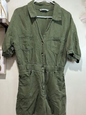 Zara Olive Utility Short-Sleeve Romper